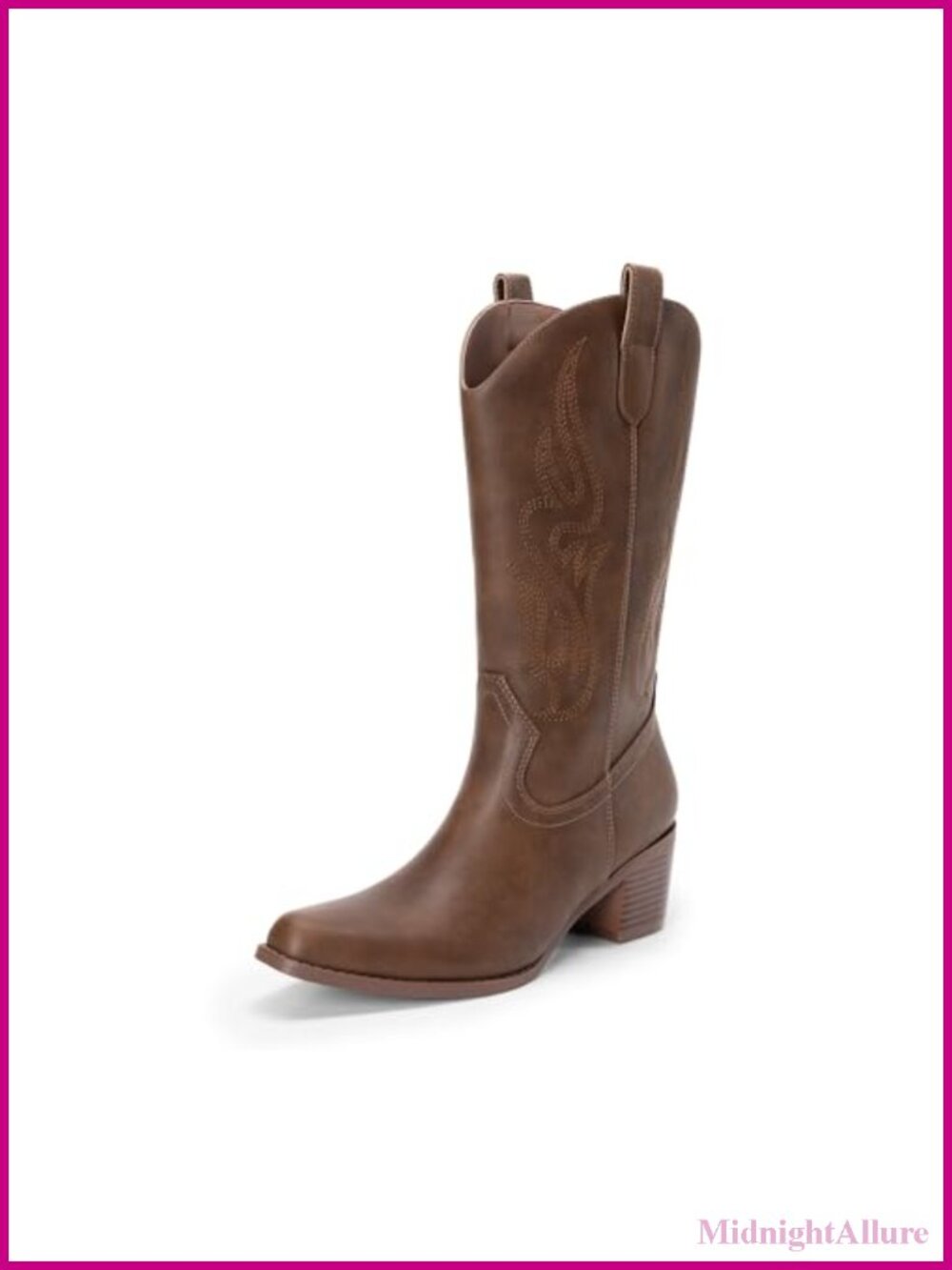 Women's Square Toe Mid Calf Western Boots Faux Leather Block Heel